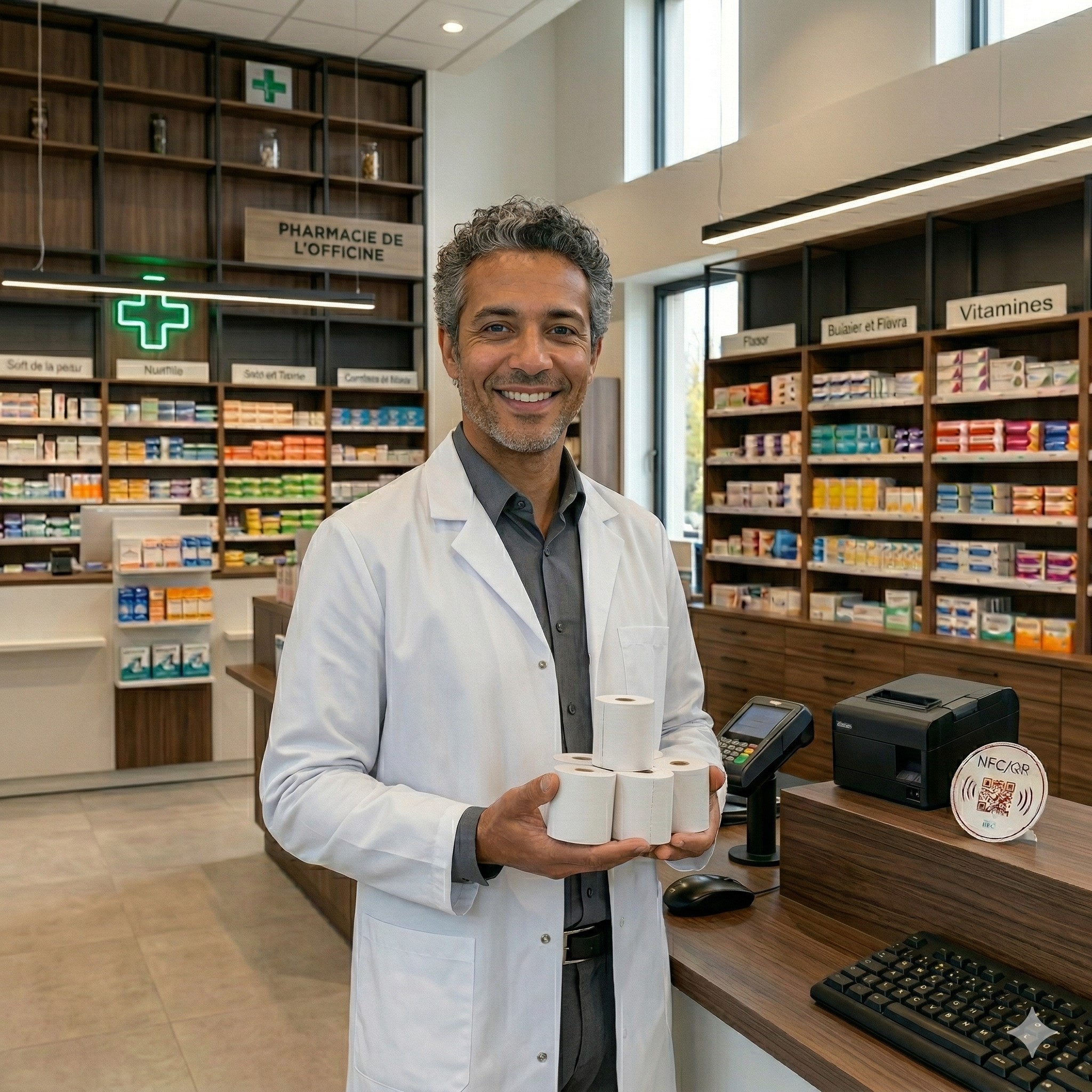 Pharmacien tenant des bobines non thermiques Epson en officine