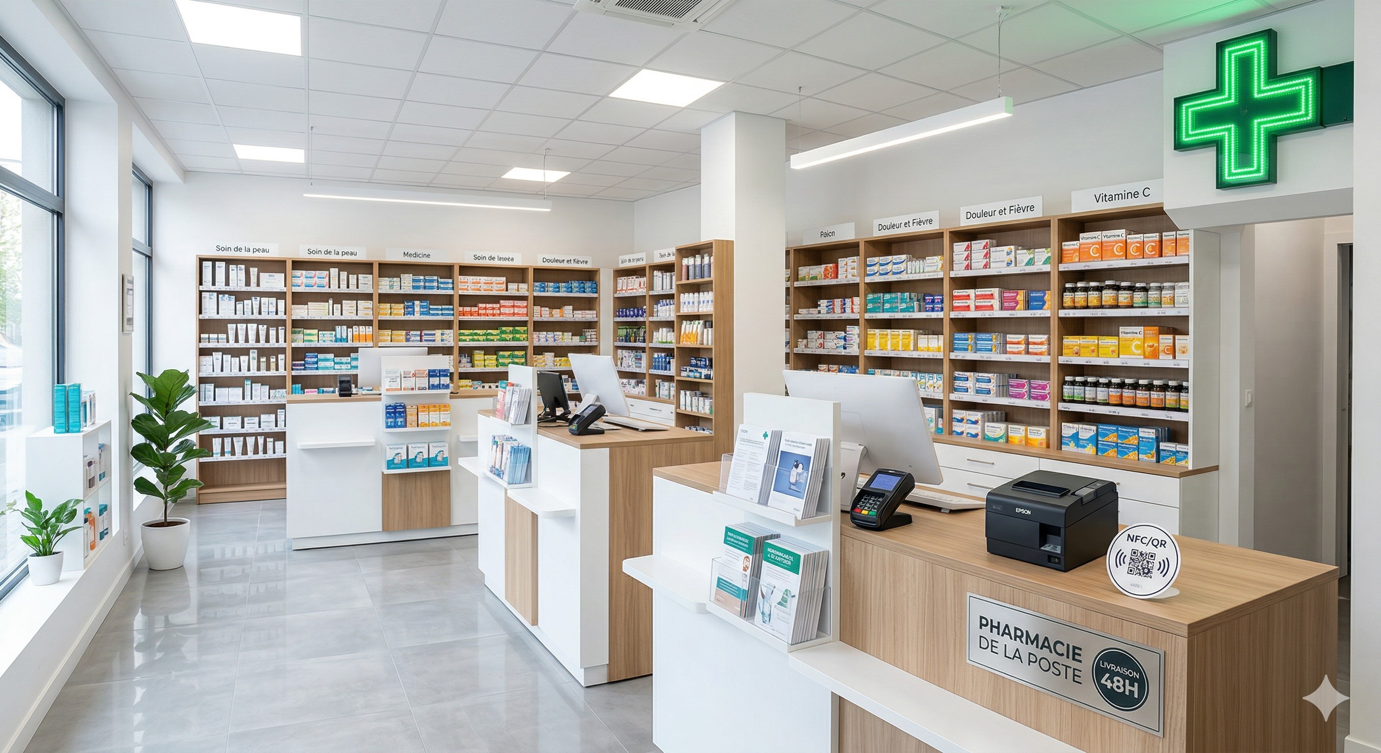 Intérieur pharmacie française moderne avec imprimante Epson